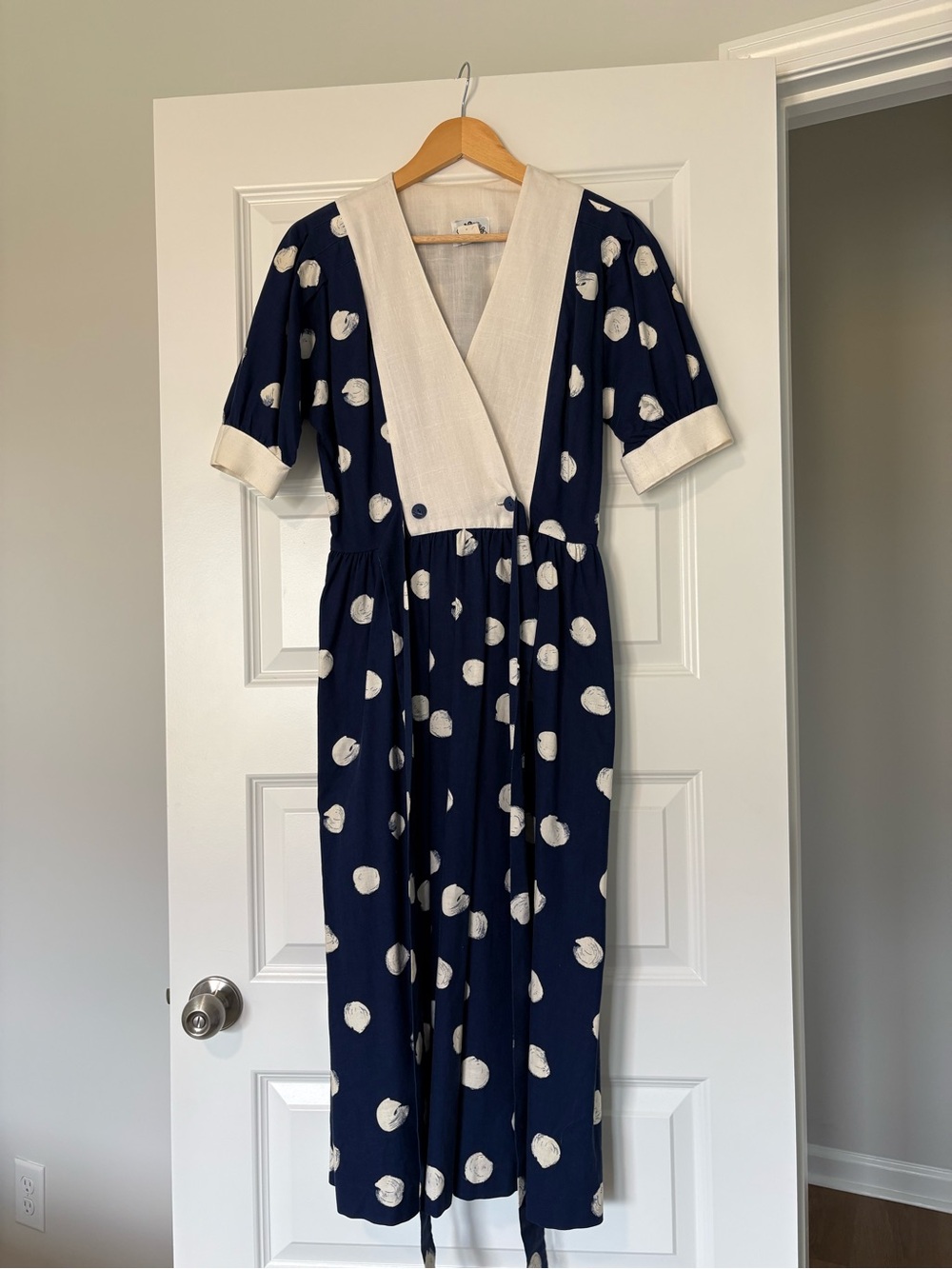 Vintage Lanz Navy Polka Dot Midi Dress 100% Cotton USA Made Size 9/10 House Wife